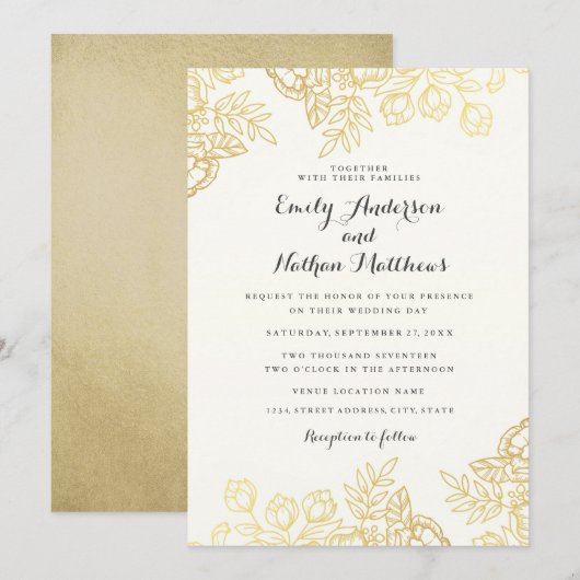 Elegant Gold Floral Wedding Invitation Kaart (Voorkant / Achterkant)