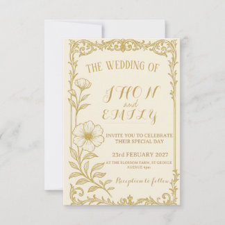 Elegant Gold Floral Wedding Invitation Kaart