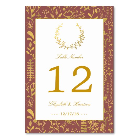 Elegant Gold Floral Wreated Wedding Table Number Kaart (Achterkant)