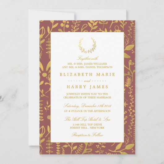 Elegant Gold Floral Wreath Wedding Kaart (Voorkant)