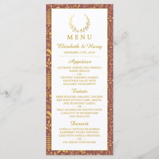 Elegant Gold Floral Wreath Wedding Menu (Voorkant)