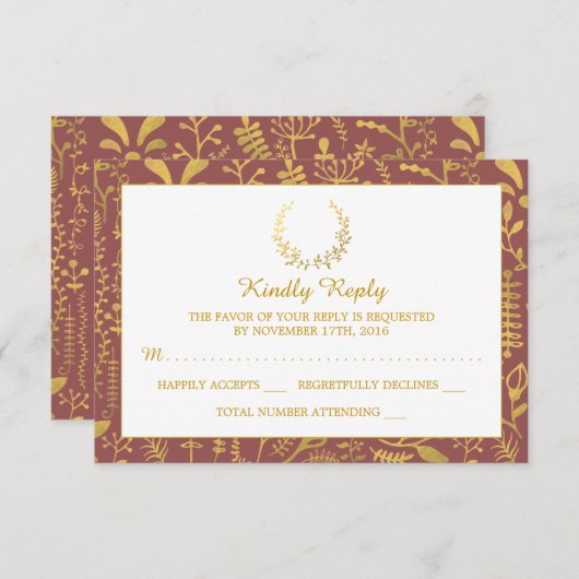 Elégant Gold Floral Wreath Wedding RSVP (Devant / Derrière)