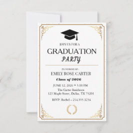Elegant Gold Flourish Black Graduation Party  Kaart