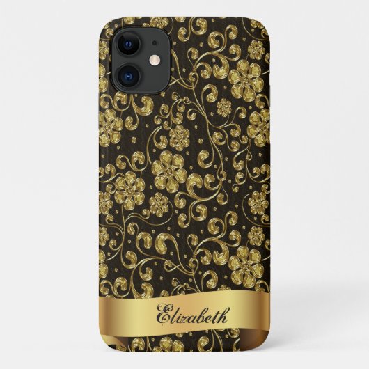 Elegant Gold Flowers, zwart-gepersonaliseerd Case-Mate iPhone Case (Achterkant)