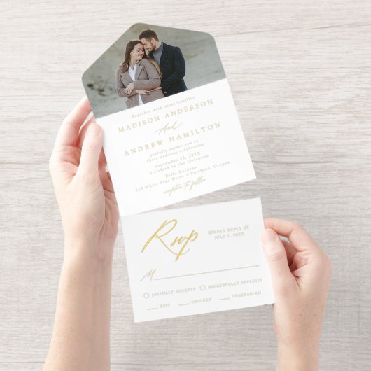 Elegant Gold Foil Calligraphy Photo Wedding All In One Uitnodiging (Uittrekbaar)