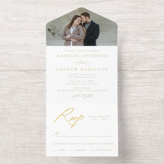 Elegant Gold Foil Calligraphy Photo Wedding All In One Uitnodiging (Binnenkant)
