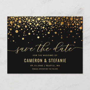 Elegant Gold Foil Confetti Black Save the Date Briefkaart