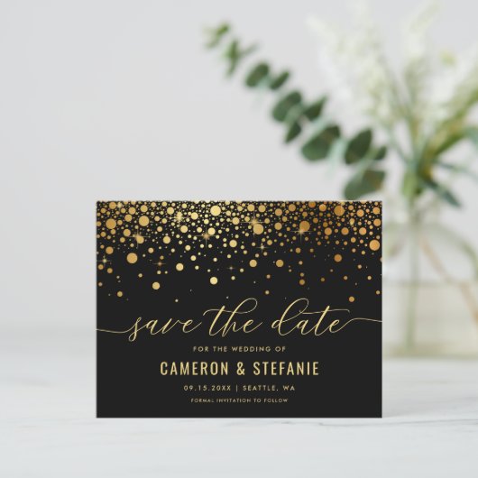 Elegant Gold Foil Confetti Black Save the Date Briefkaart (Staand voorkant)