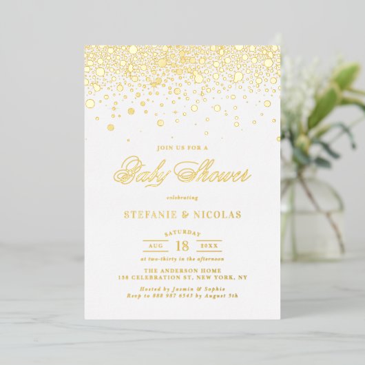 Elegant Gold Foil Confetti Stip Baby shower Folie Uitnodiging (Staand Voorkant)