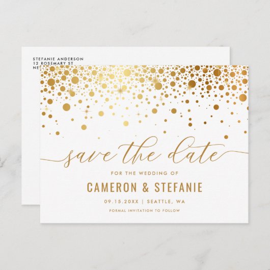 Elegant Gold Foil Confetti White Save the Date Briefkaart (Voorkant / Achterkant)