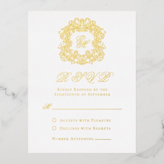 Elégant Gold Foil Crest Monogramme Mariage Carte R (Recto)