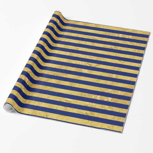 Elegant Gold Foil en Blue Stripe Pattern Cadeaupapier (Uitgerold)
