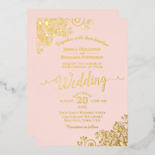 Elegant Gold Foil Lace op Blush Pink Weddenschap Folie Uitnodiging