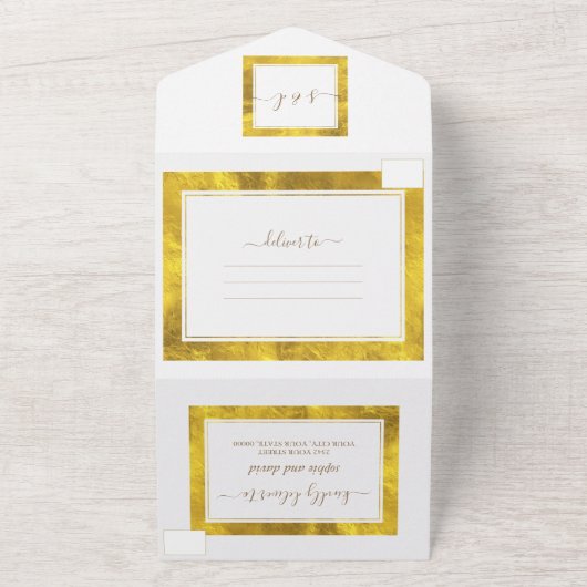 Elegant Gold Foil Lijst Calligraphy Wedding All In One Uitnodiging (Buitenkant)
