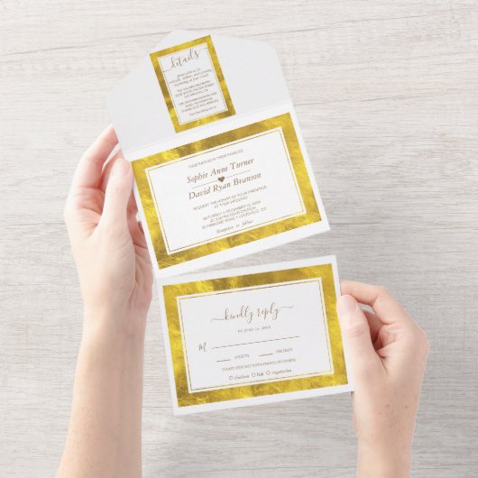 Elegant Gold Foil Lijst Calligraphy Wedding All In One Uitnodiging (Afscheurbaar)