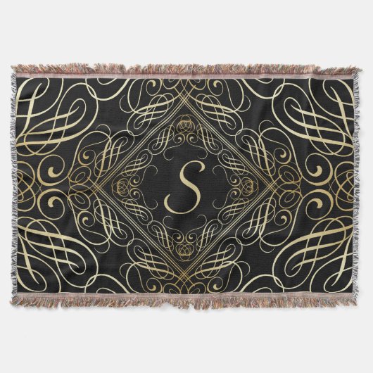 Elegant Gold Foil look Scrollwork Script op zwart Deken (Voorkant)