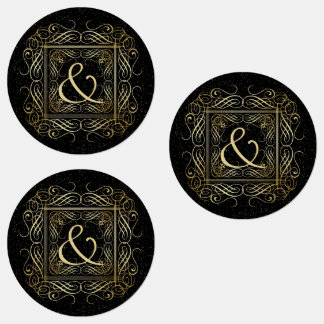 Elegant Gold Foil look Scrollwork Script op zwart Labels
