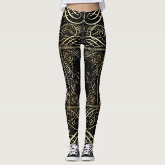 Elegant Gold Foil look Scrollwork Script op zwart Leggings