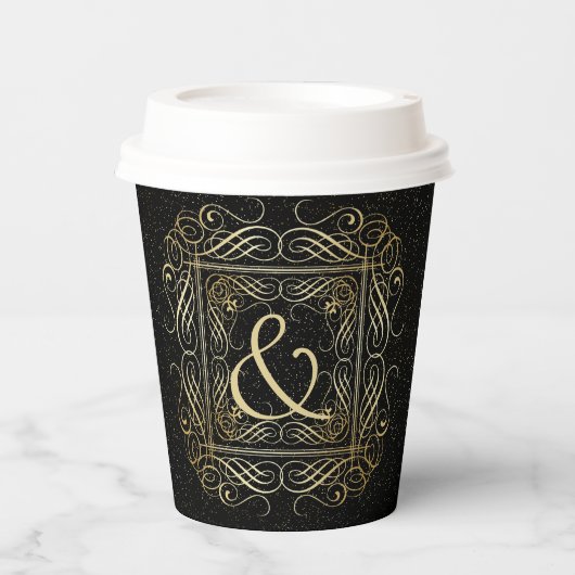 Elegant Gold Foil look Scrollwork Script op zwart Papieren Bekers (Voorkant)