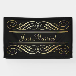 Elegant Gold Foil look Scrollwork Script op zwart Spandoek