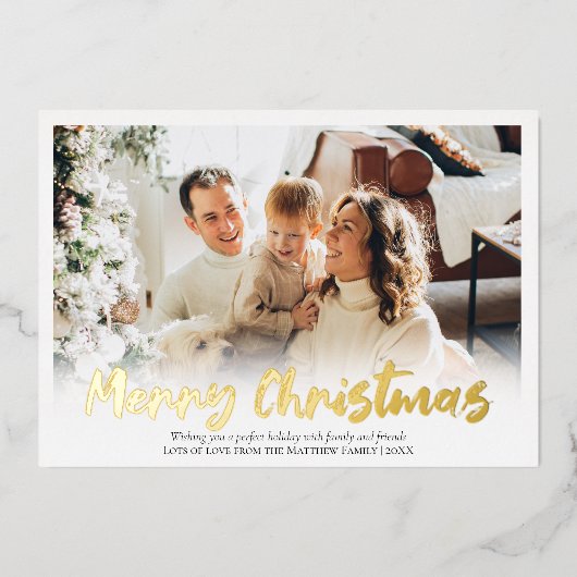 Elegant Gold Foil Merry kerstfamilie Foto Folie Feestdagenkaart (Voorkant)