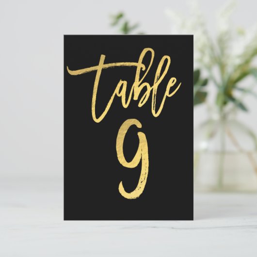 Elegant Gold Foil modern Script Table Number 9 Kaart (Staand voorkant)