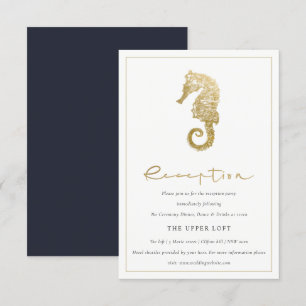 ELEGANT GOLD FOIL NAVY SEAHORSE WEDDING RECEPT INFORMATIEKAARTJE
