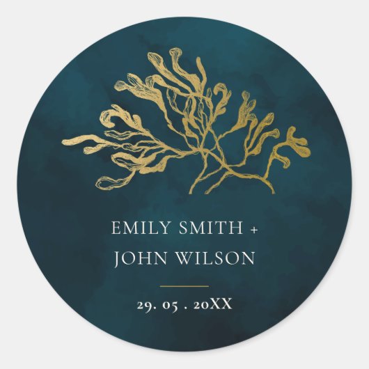 ELEGANT GOLD FOIL NAVY UNDERWATER SEAWEEDS WEDDING RONDE STICKER (Voorkant)