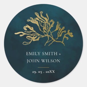 ELEGANT GOLD FOIL NAVY UNDERWATER SEAWEEDS WEDDING RONDE STICKER