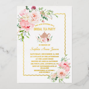 Elegant GOLD FOIL Pink Flowers Bridal Tea Party Folie Uitnodiging