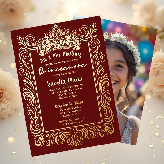 Elégant Gold Foil Quinceañera Invitation Couronne