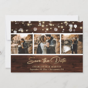 Elegant Gold Foil Rustic Wood Lights Weddenfoto Save The Date