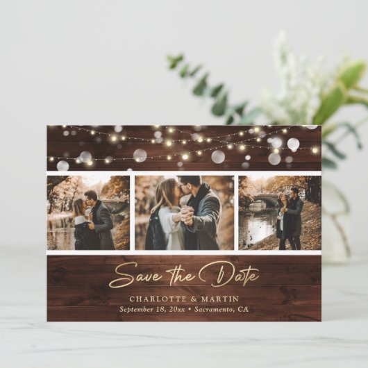 Elegant Gold Foil Rustic Wood Lights Weddenfoto Save The Date (Staand voorkant)