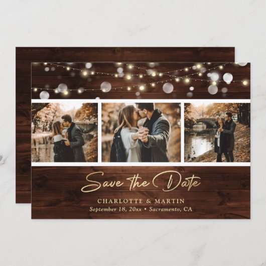 Elegant Gold Foil Rustic Wood Lights Weddenfoto Save The Date (Voorkant / Achterkant)