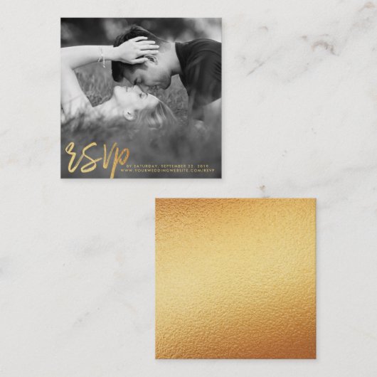 Elegant Gold Foil Script Foto RSVP Informatiekaartje (Voorkant / Achterkant)