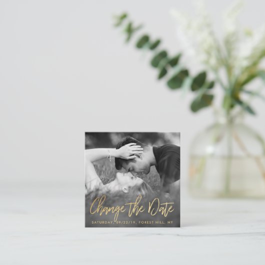 Elegant Gold Foil Script Photo Change the Date Informatiekaartje (Staand voorkant)