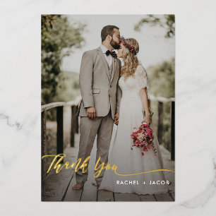 Elegant Gold Foil Script Simple 2-Photo Wedding Folie Uitnodiging