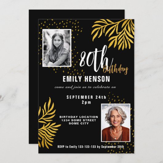 Elegant Gold Foliage 2 Photo 80th Birthday Party Kaart (Voorkant / Achterkant)