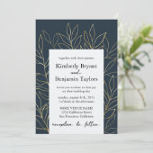 Elegant Gold Foliage. Dusty Blue Luxury Wedding Kaart (Staand voorkant)