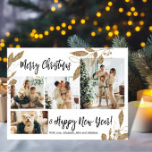 Elégant Gold Foliage Photo Collage Carte de Noël