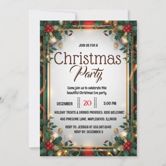 Elegant Gold Frame Christmas Party Invitation (Devant)