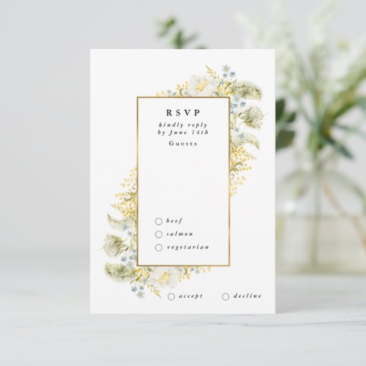 Elegant Gold Framed Wildflower Edging Wedding RSVP Kaartje (Staand voorkant)