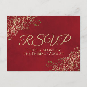 Elegant Gold Frills on Crimson Red Wedding RSVP Briefkaart