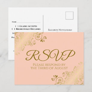 Elegant Gold Frills op Coral Peach Wedding RSVP Briefkaart