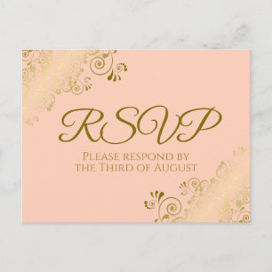 Elegant Gold Frills op Coral Peach Wedding RSVP Briefkaart
