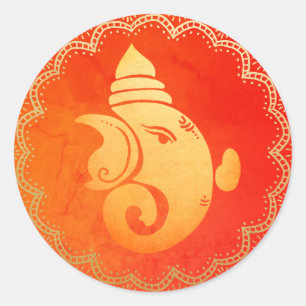 Elegant Gold Ganapati Indian Hindu God Red Ronde Sticker