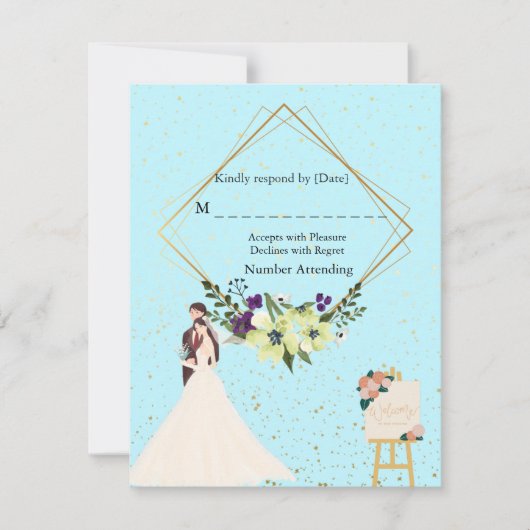 Elegant Gold Geometric Dusty Blue RSVP Card (Voorkant)