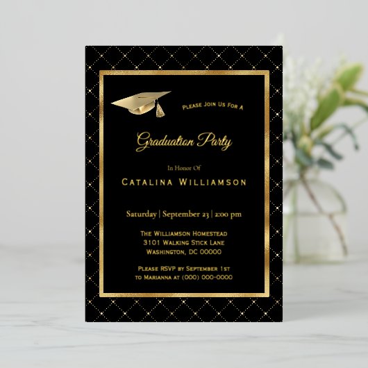 Elegant Gold Geometric Pattern Afstuderen Folie Uitnodiging (Staand Voorkant)