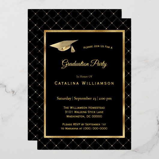 Elegant Gold Geometric Pattern Afstuderen Folie Uitnodiging (Voorkant / Achterkant)