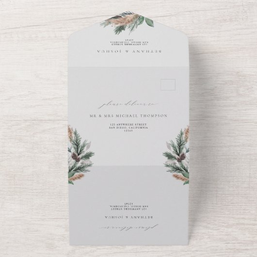 Elegant Gold Geometric Winter Greenery Wedding All In One Uitnodiging (Buitenkant)